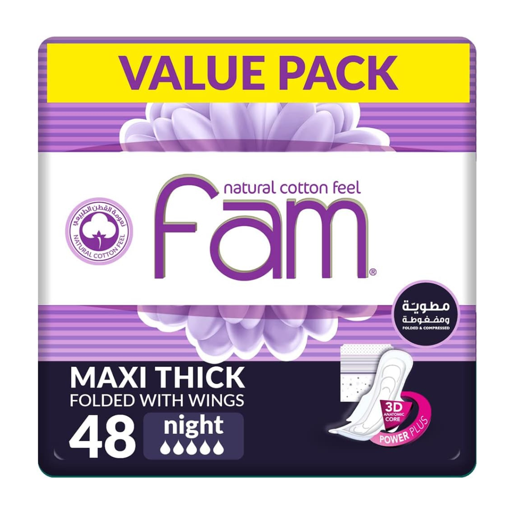 Fam, Fold Maxi Night Pads, Economical, - 48 Pads.
