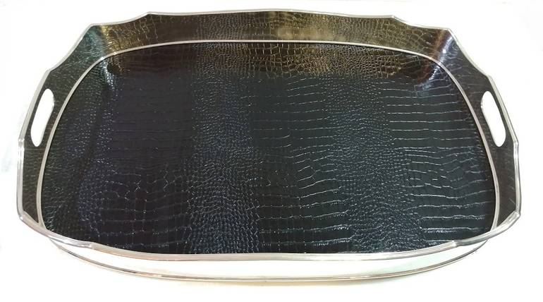 Luxury Rectangular Silver Tray with Crocodile Black Leather in the Base
