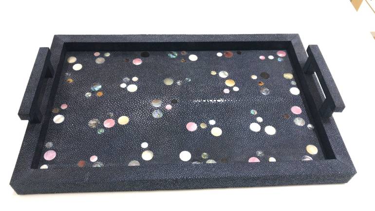Luxury Medium Polka Shagreen Dark Blue Leather Tray with Different Round Colors with 2.Handles