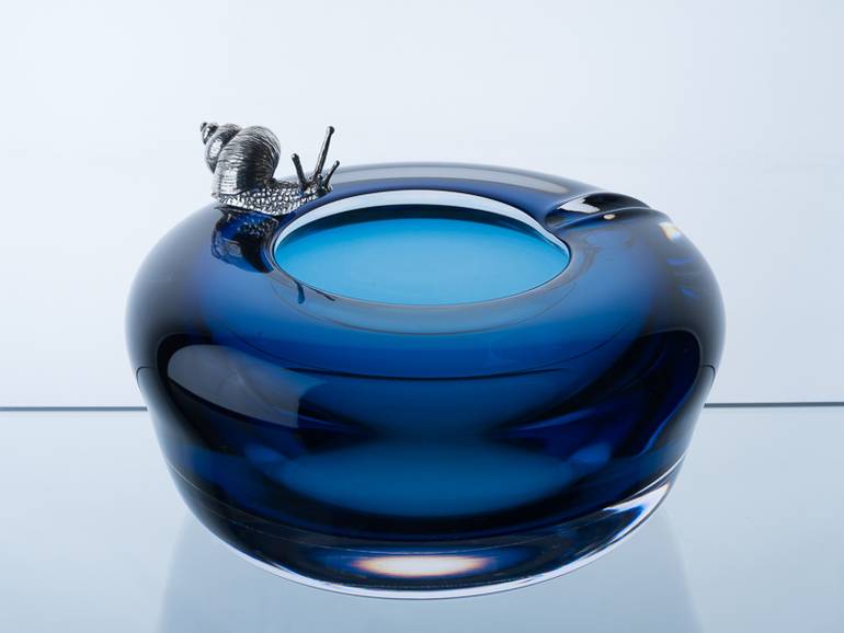  Luxury INK/Dark Blue Murano Crystal Big Ashtray with Decorative Snail Silver Plated