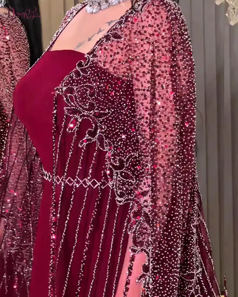 فستان سهرة ملكي خمري طويل بشك يدوي - كاب شفاف مطرز