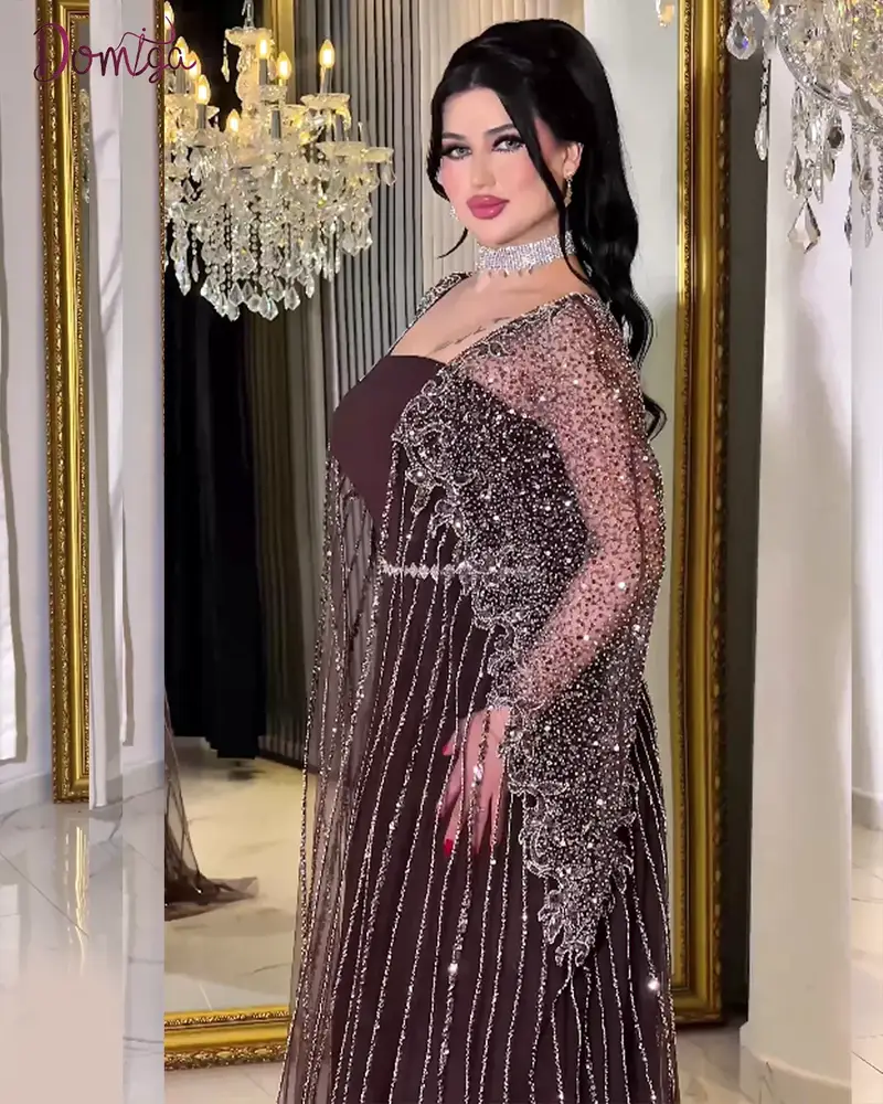 فستان سهرة بني تريندي تول مع كاب شفاف مطرز فاخر 