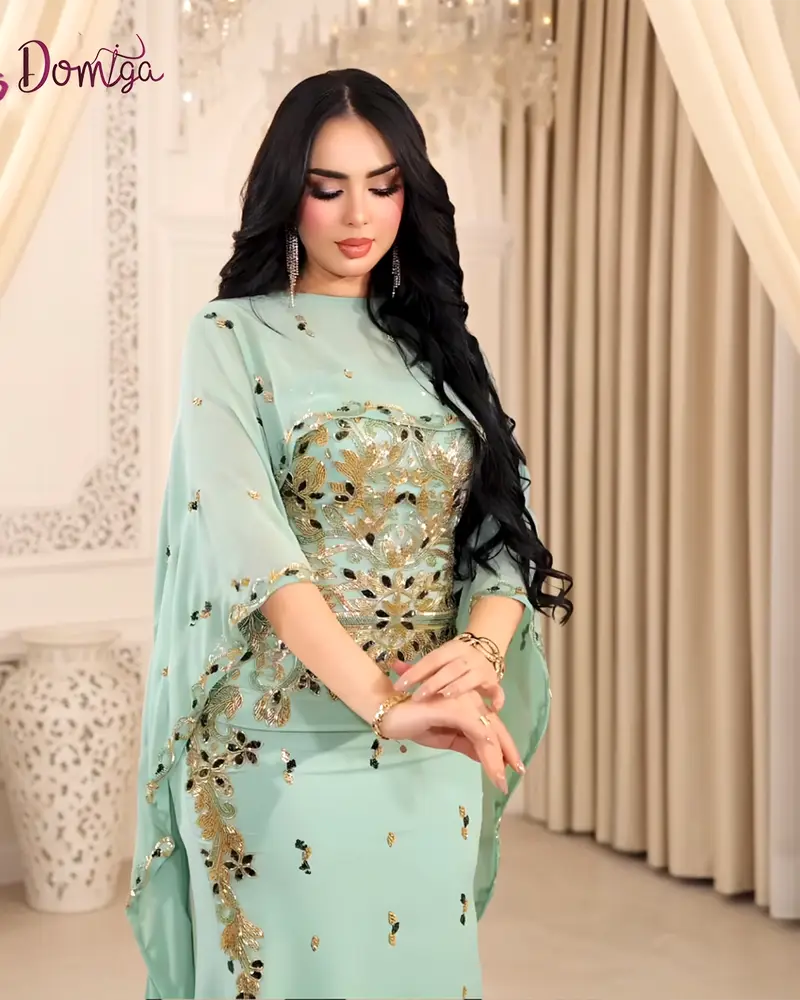  فستان سهرة فيروزي فاخر قطعتين قصة السمكة وكاب شيفون