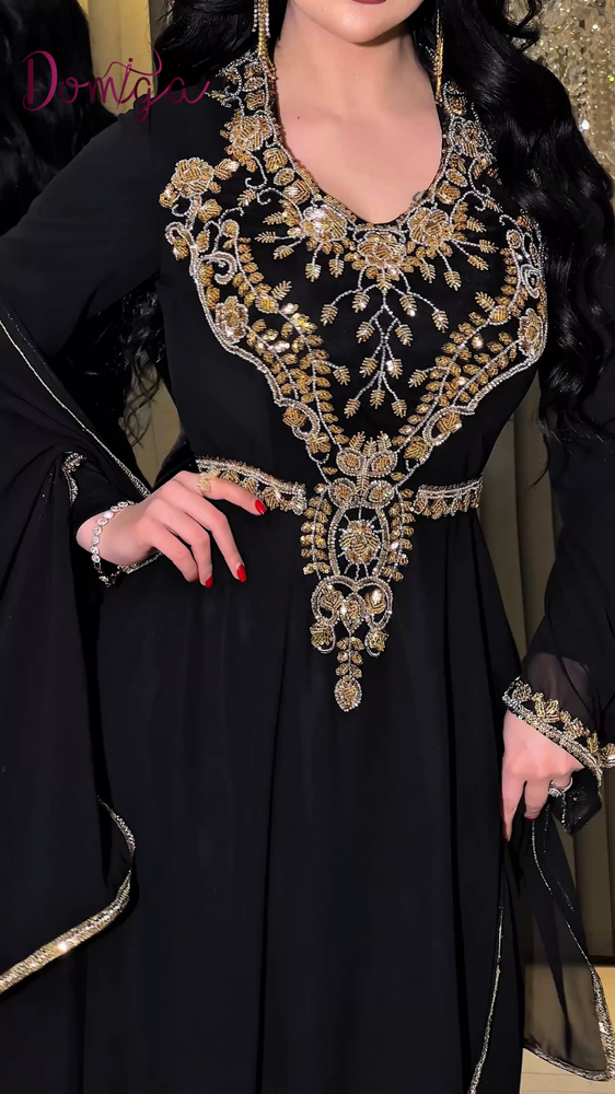 قفطان اسود شيفون شك يدوي مع شال راقي شرقي