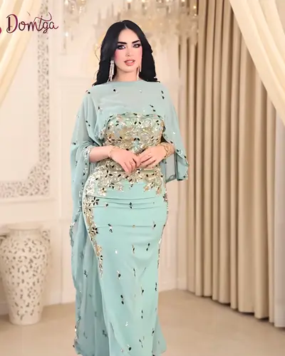  فستان سهرة فيروزي فاخر قطعتين قصة السمكة وكاب شيفون