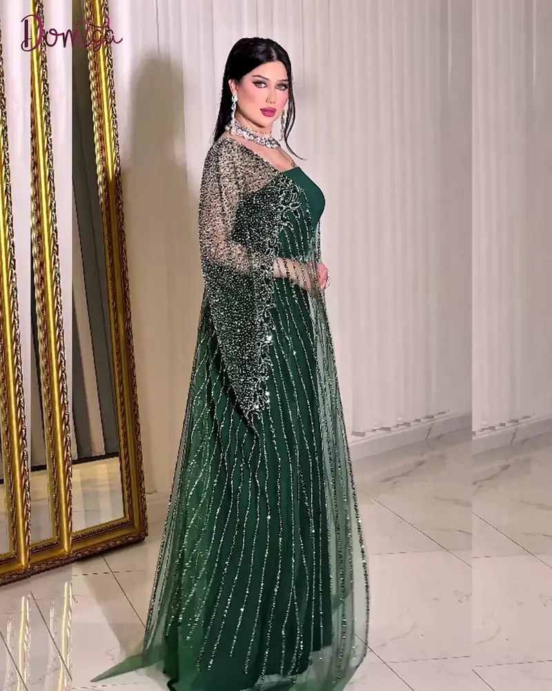 فستان سهرة مينت شيفون فاخر مع كاب مطرز ترتر لامع