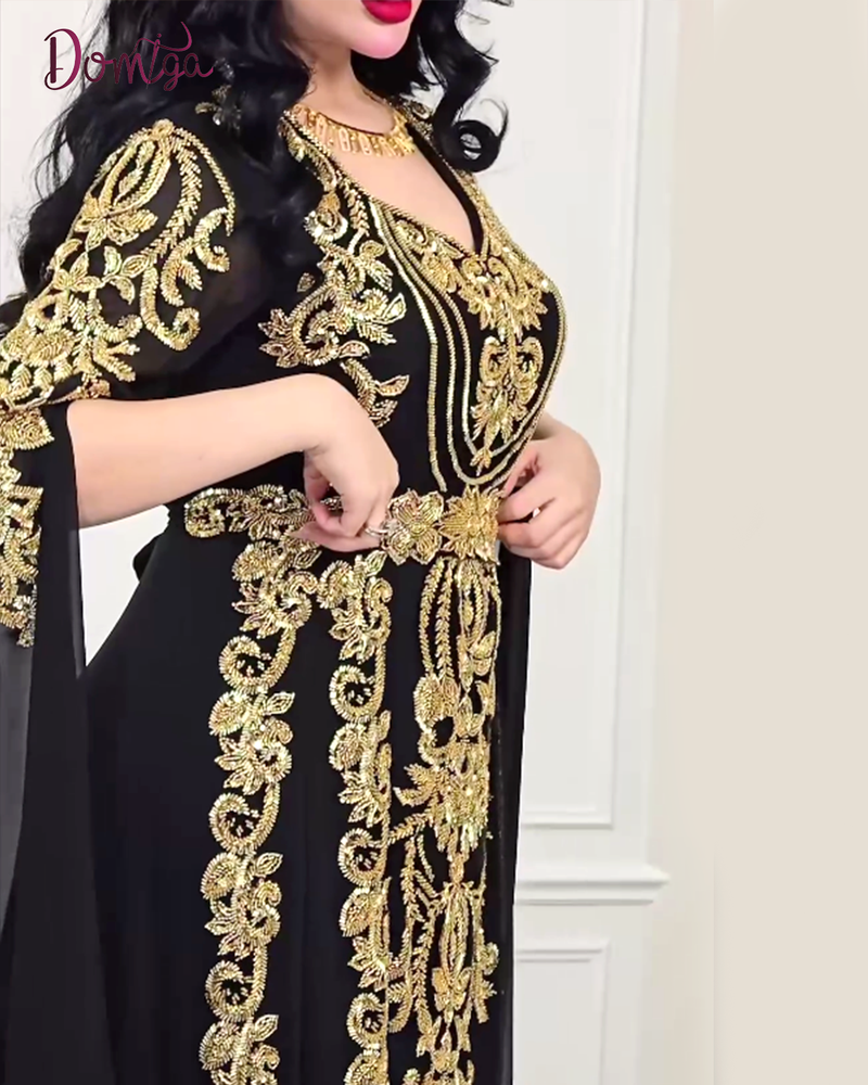 قفطان شيفون فخم كلوش ملكي أسود بتطريز زخارف شرقية ذهبية