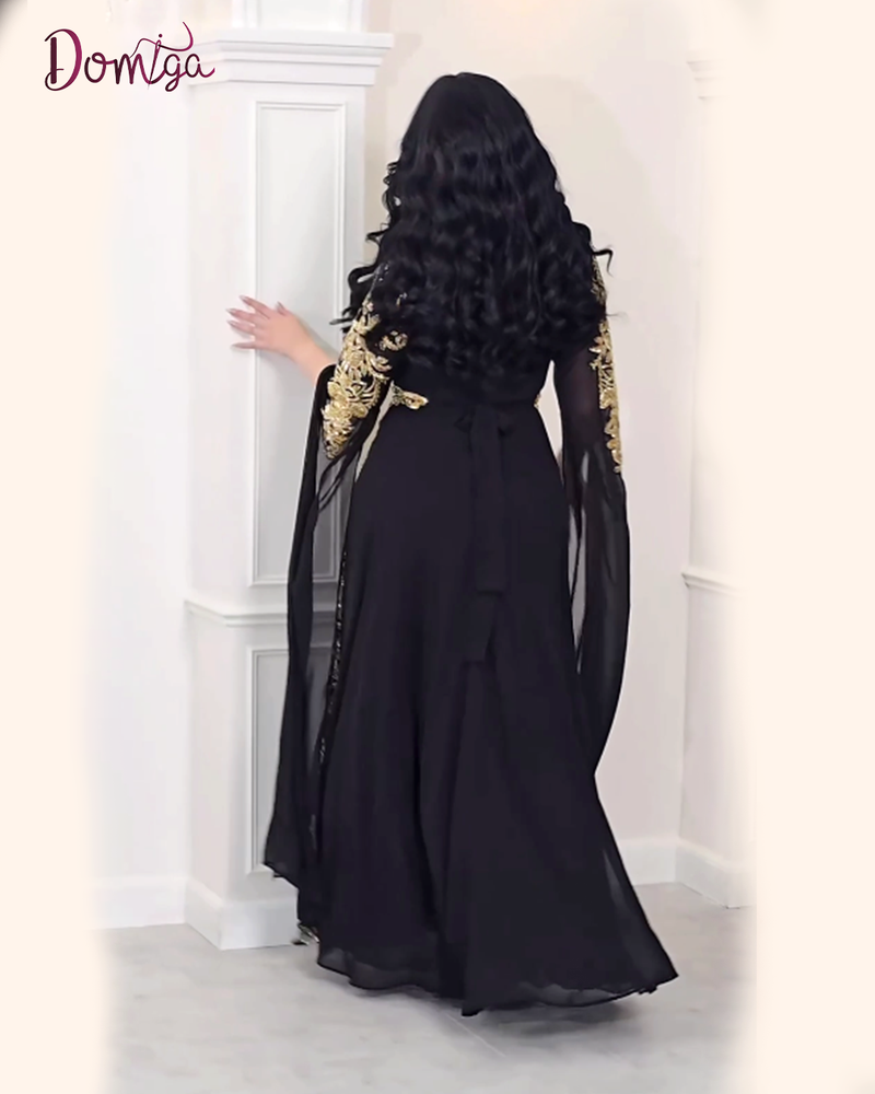 قفطان شيفون فخم كلوش ملكي أسود بتطريز زخارف شرقية ذهبية