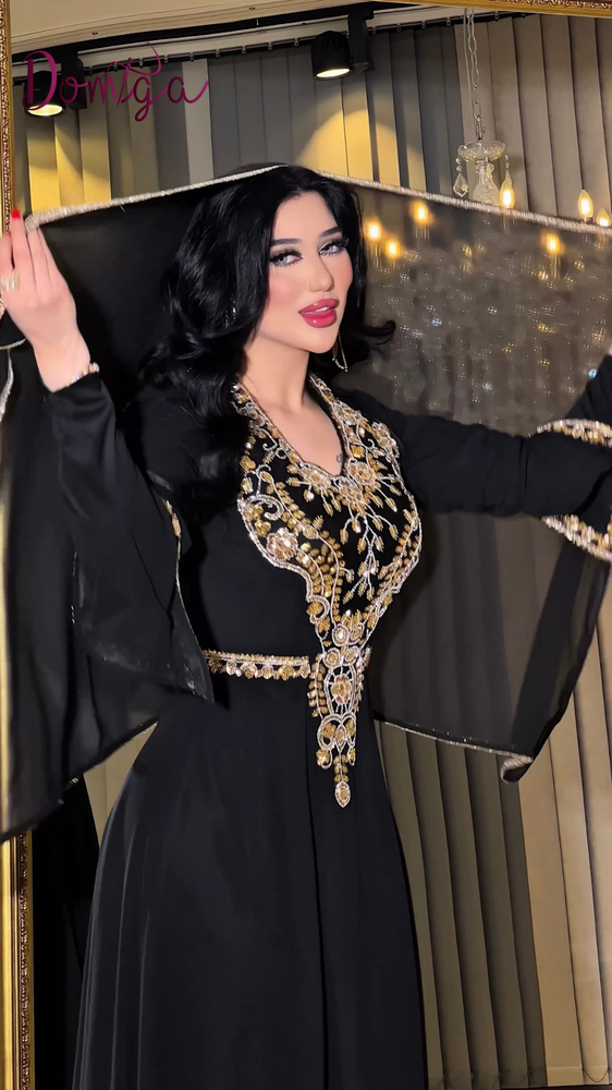 قفطان اسود شيفون شك يدوي مع شال راقي شرقي