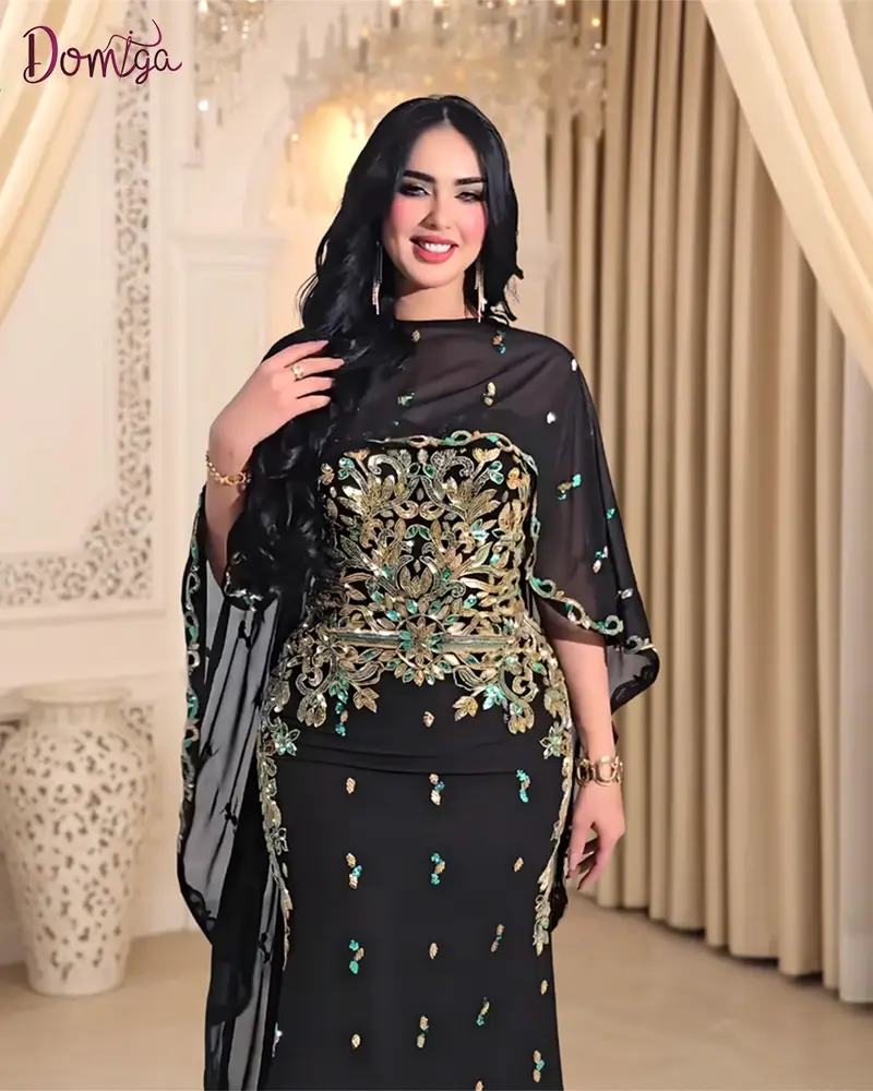 فستان سهرة ناعم أسود قطعتين شك فاخر - قصة السمكة مع كاب شيفون