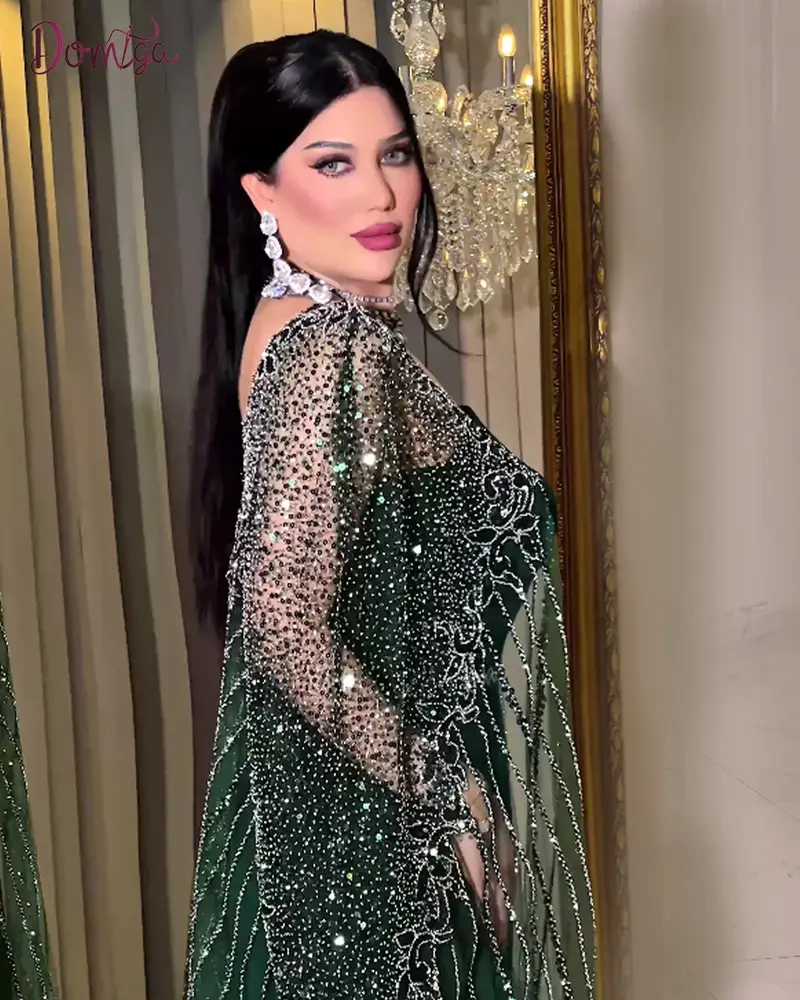 فستان سهرة مينت شيفون فاخر مع كاب مطرز ترتر لامع