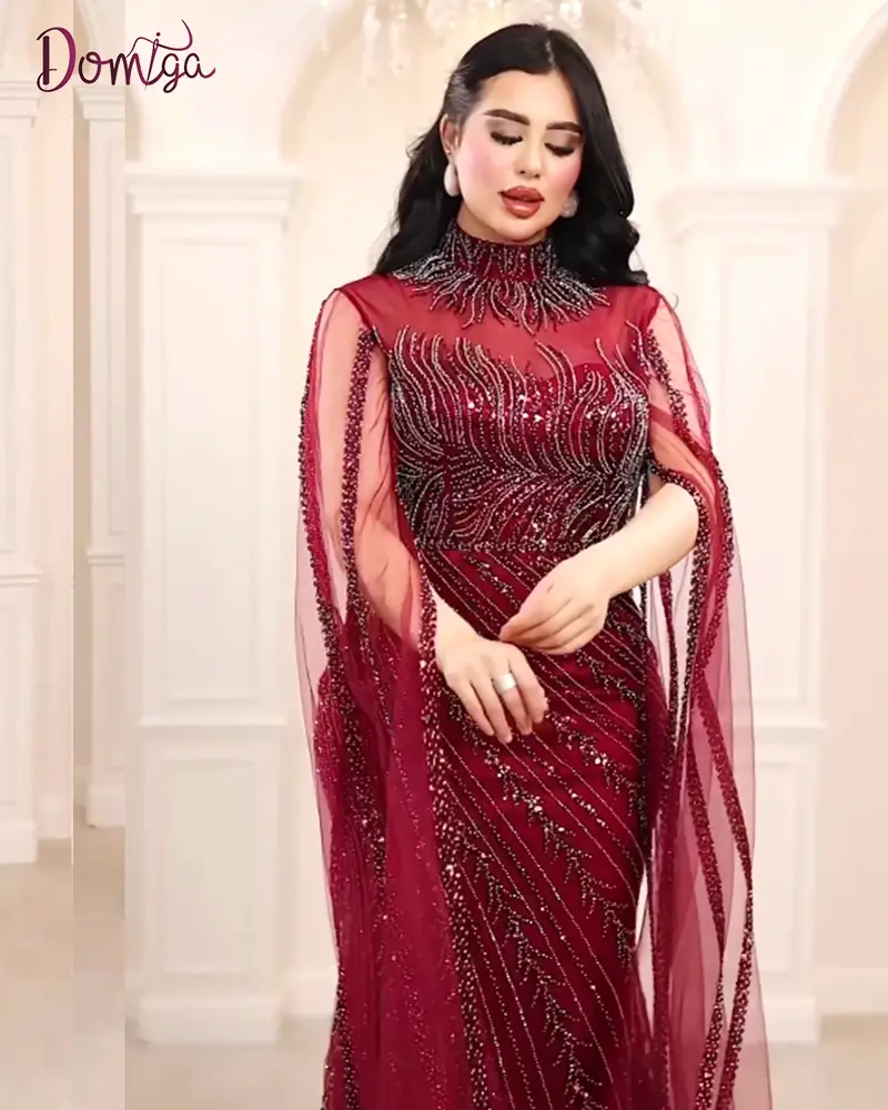 فستان ميرميد أحمر بتطريز شك وبطانة ساتان ناعمة