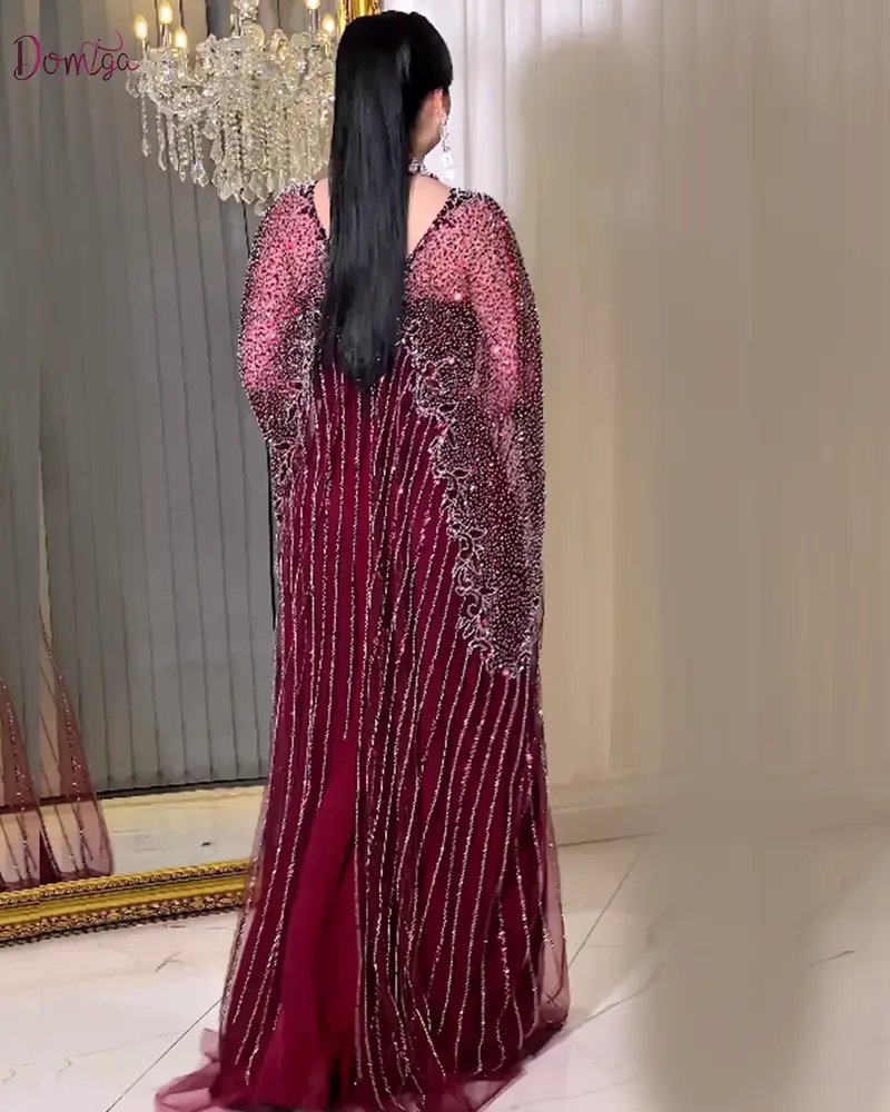 فستان سهرة ملكي خمري طويل بشك يدوي - كاب شفاف مطرز