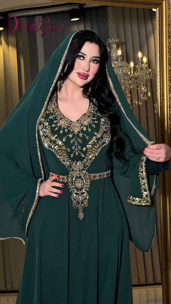 قفطان اخضر شيفون شك يدوي مع شال راقي شرقي