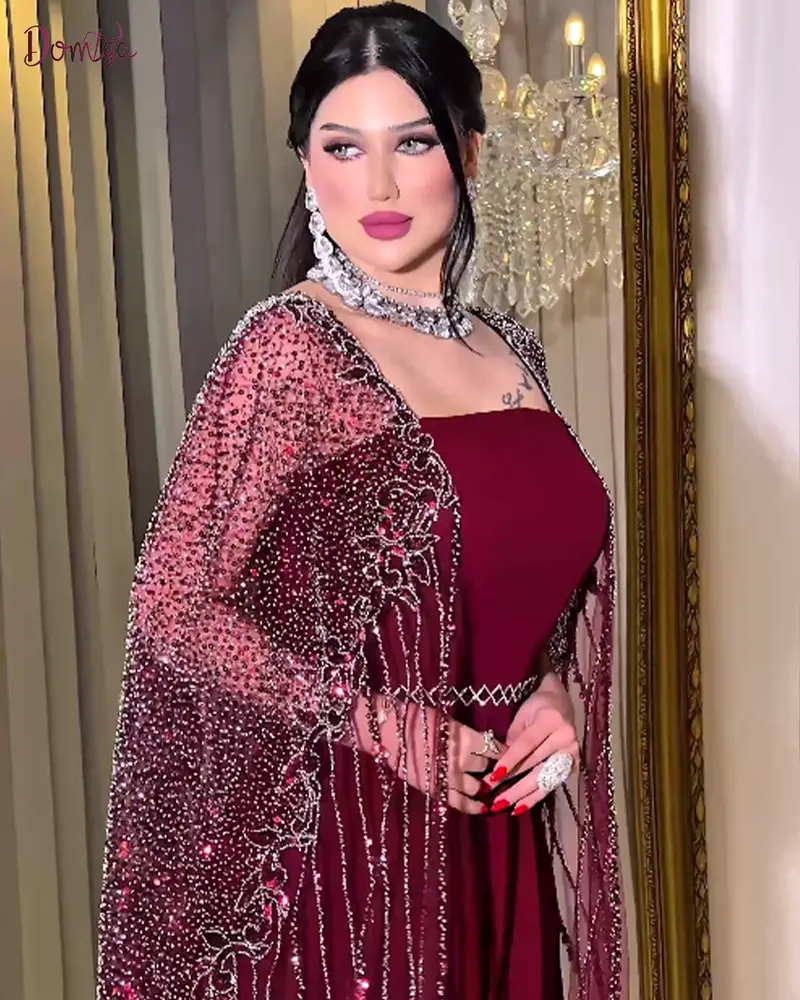 فستان سهرة ملكي خمري طويل بشك يدوي - كاب شفاف مطرز