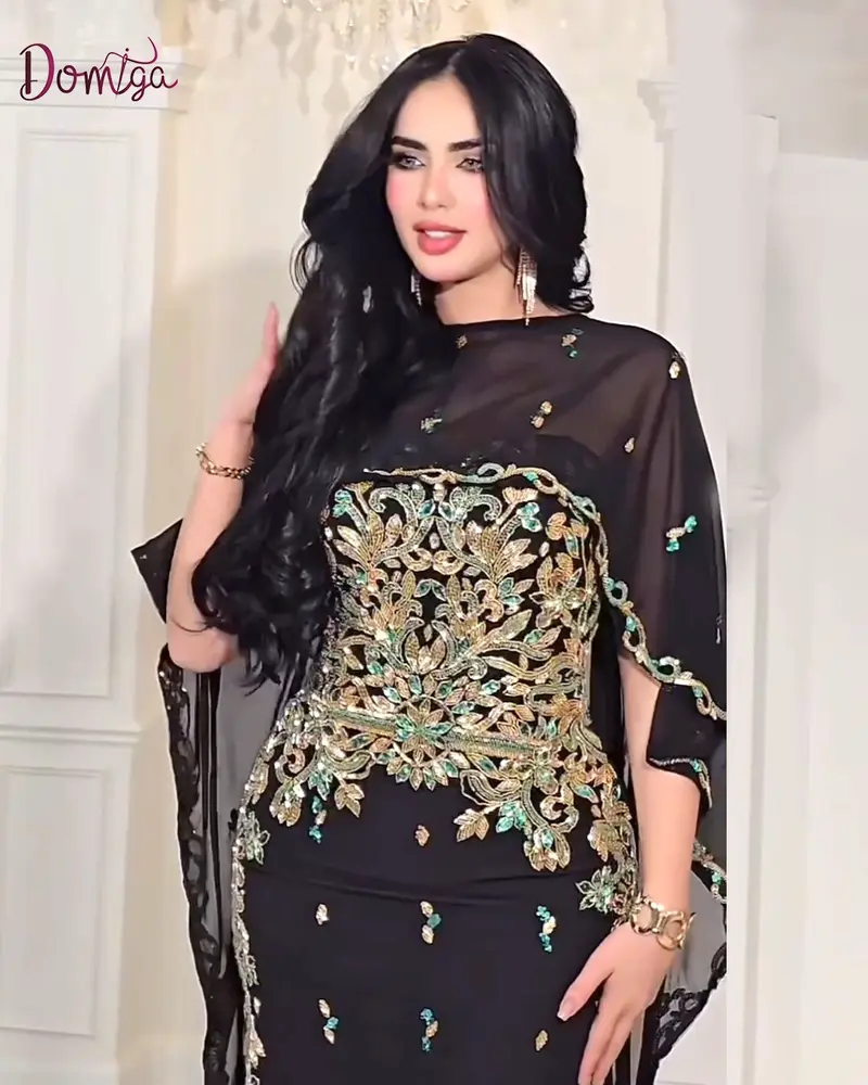 فستان سهرة ناعم أسود قطعتين شك فاخر - قصة السمكة مع كاب شيفون