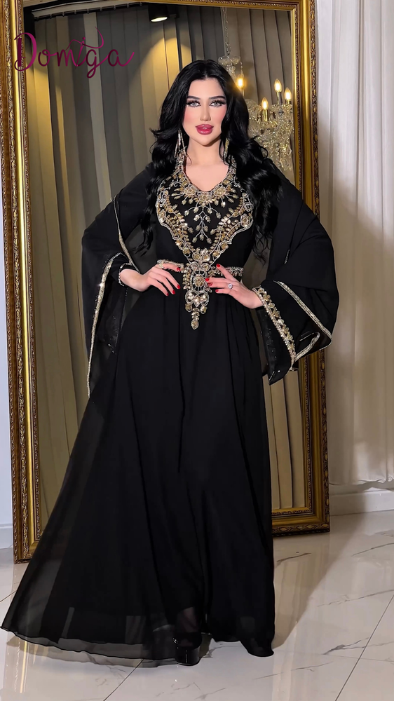 قفطان اسود شيفون شك يدوي مع شال راقي شرقي