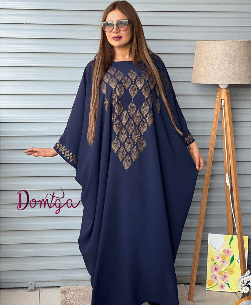 جلابية كريب طويلة مريحة كحلية بترصيع ذهبي فاخر