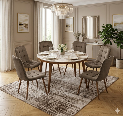 طاولة طعام سيراميك دائرية 6 كرسي مخمل 120*120*75 سم - بني