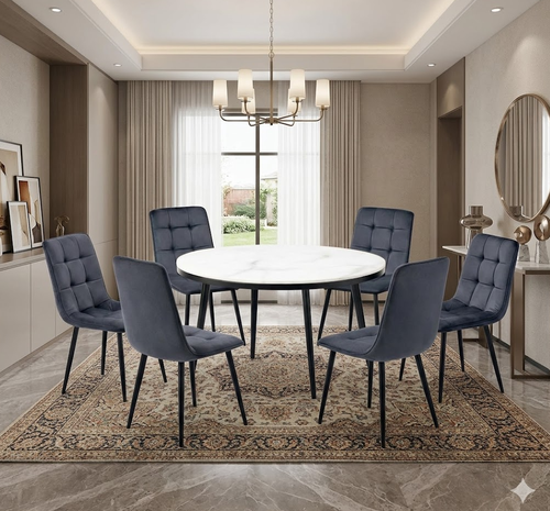 طاولة طعام سيراميك دائرية 6 كراسي مخمل 120*120*75 سم  -اسود