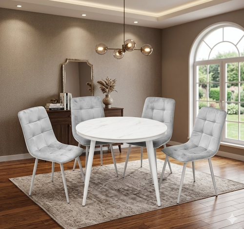 طاولة طعام سيراميك دائرية + 4 كراسي مخمل (90*90*75*) -رمادي فاتح