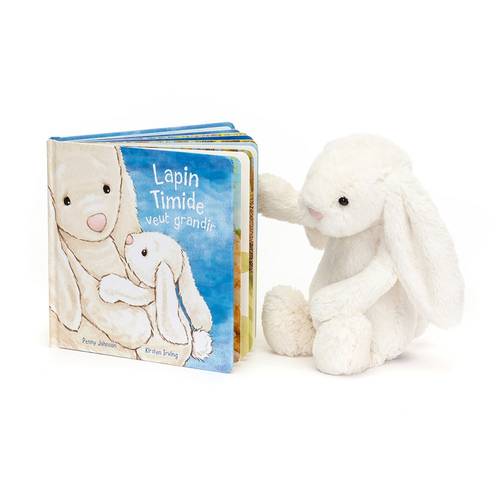 Lapin Timide Veut Grandir Livre and Bashful Cream Bunny Medium - JELLY CAT 