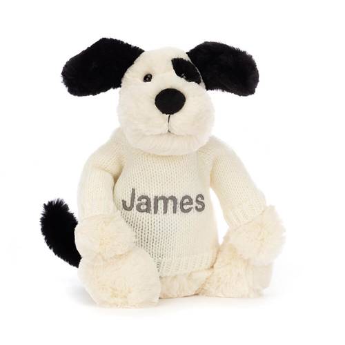 Bashful Black & Cream Puppy with Personalised Cream Jumper - JELLY CAT