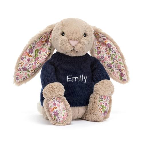 Blossom Beige Bunny 'Petal' with Personalised Navy Jumper - JELLY CAT