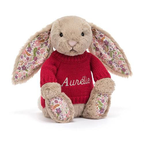 Blossom Beige Bunny 'Petal' with Personalised Navy Jumper - JELLY CAT