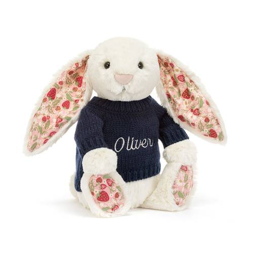 Blossom Cream Bunny 'Berry' with Personalised Navy Jumper - JELLY CAT 