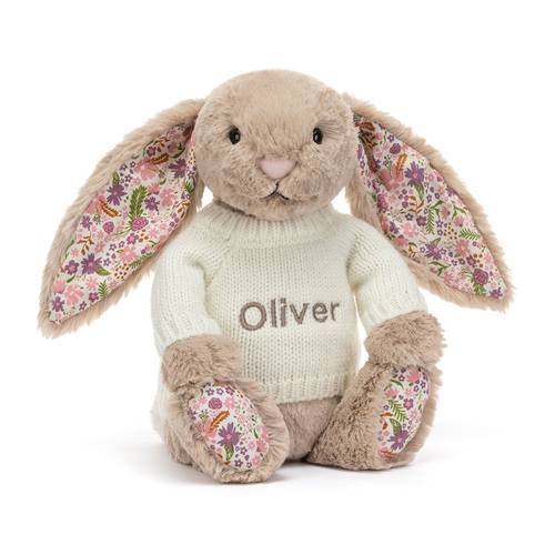 Blossom Beige Bunny 'Petal' with Personalised Cream Jumper - JELLY CAT 