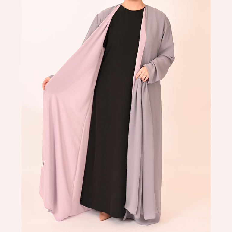 Chiffon Double Sided Reversible Abaya in Pink & Grey - XL