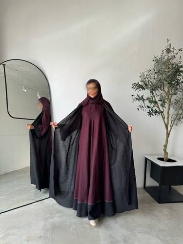 ‏Pure linen Abaya dress (Burgundy+Black)