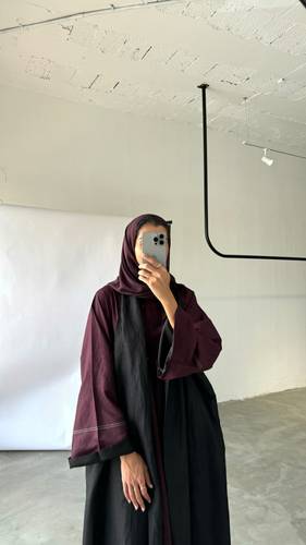 ‏Pure linen Abaya dress (Burgundy+Black)