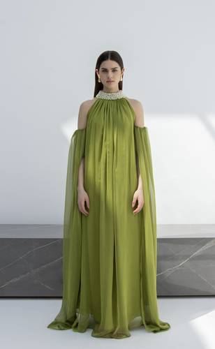 High neck dress with pearls