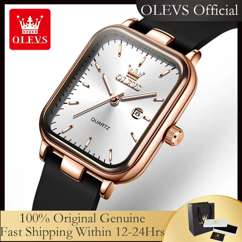 ساعات نسائية OLEVS 7089 مع صندوق هدايا حزام سيليكون أصلي موضة مربعة مقاومة للماء ساعات يد كوارتز نسائية مضيئة