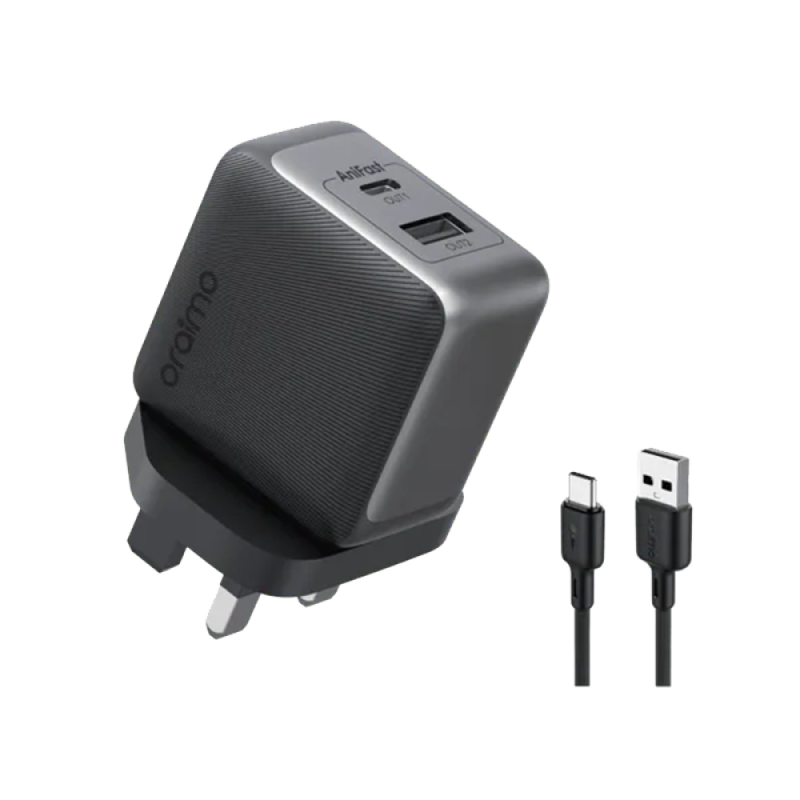 أورايمو شاحن جداري برو بتقنية GaN بمنفذ USB-C ومنفذ USB وبقوة 33 واط مع كيبل شاحن - أسود