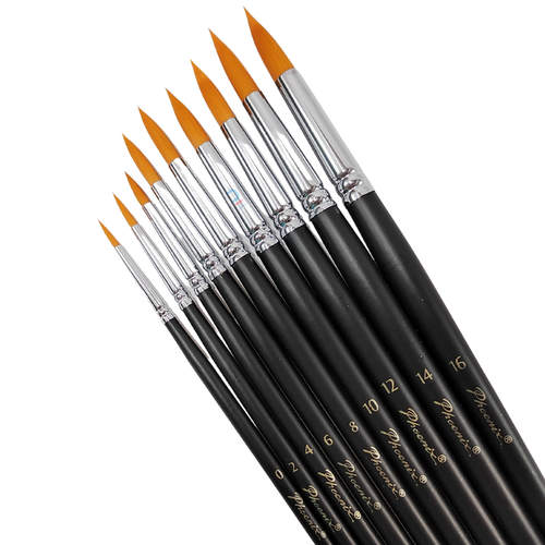 Phoenix Round Brush Golden Nylon Hair Long Handle set 9pcs