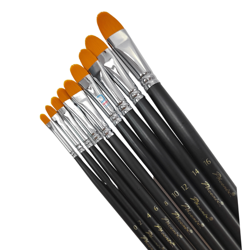 Phoenix Filbert Brush Long Golden Nylon Hair Long Handle set 9pcs
