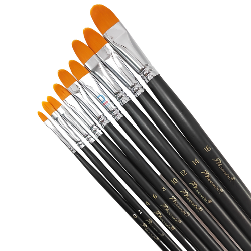 Phoenix Filbert Brush Short Golden Nylon Hair Long Handle set 9pcs