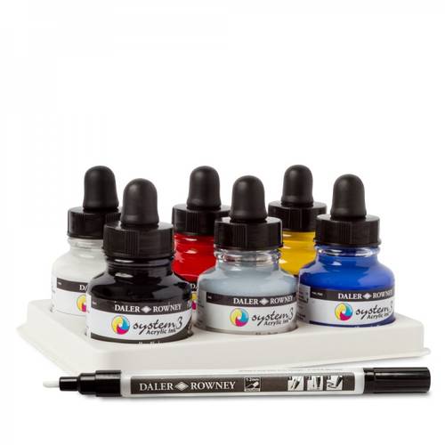 Daler Rowney, System 3 Acrylic ink  29.5ml introduction set of 6 colors