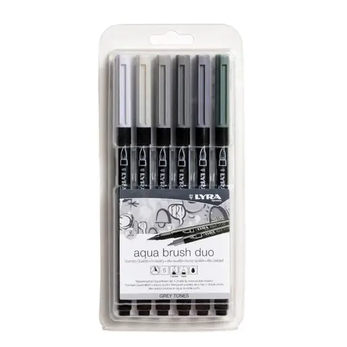 طقم 6 أقلام ماركر درجات الرمادي رأسين  (AQUA BRUSH DUO 6 Grey Tones) , ليرا