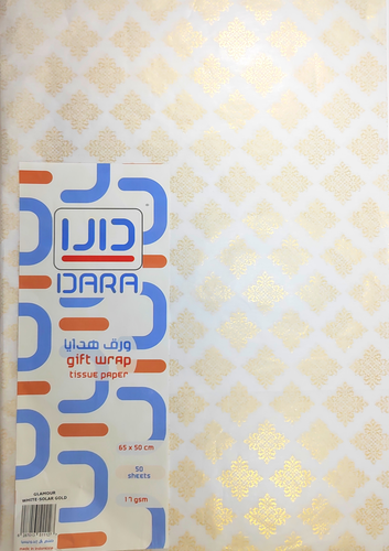 ورق تغليف هدايا أبيض مذهب 50 ورقة , دارا