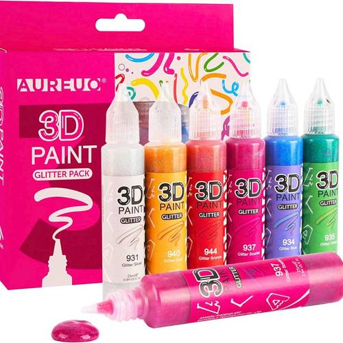 AUREUO 3D Glitter Acrylic Paint Pens 6 Colors 25ml