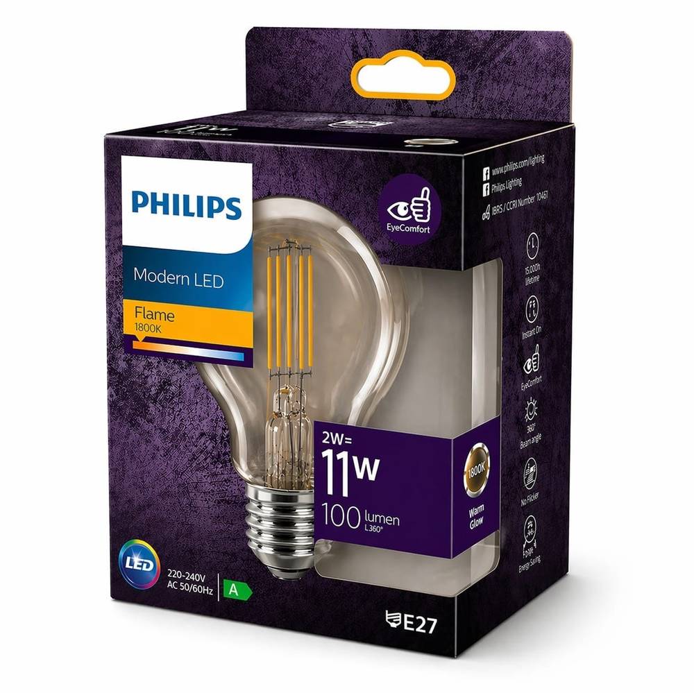 لمبة LED E27 إضاءة دافئة 1800K (Flame) – 11W – 100 لومن – موفرة للطاقة حتى 80% – عمر 15,000 ساعة – راحة للعين – تشغيل فوري