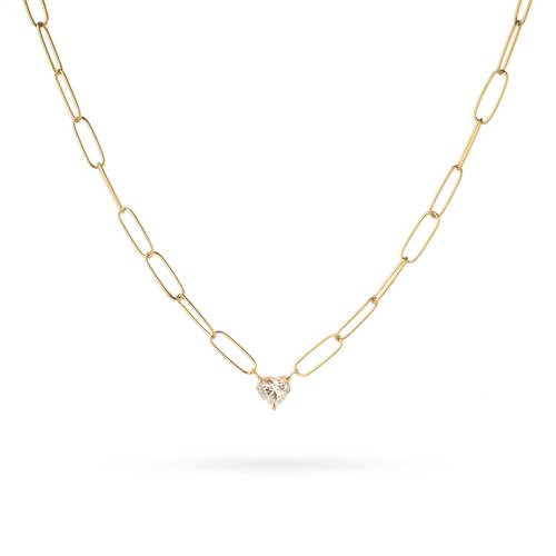 A white heart diamond necklace with spaced links