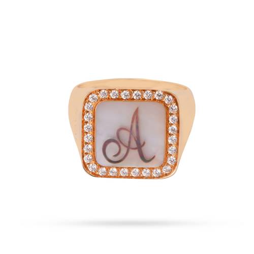 Chevelier square ring with mother-of-pearl and diamonds
