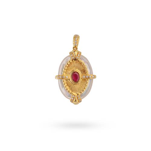 Oval shell pendant with red ruby