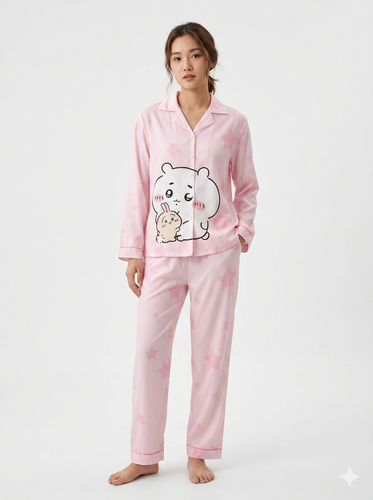 طقم بيجاما ستان ناعمة باللون الوردي بطبعة الدب والنجوم - قطعتين