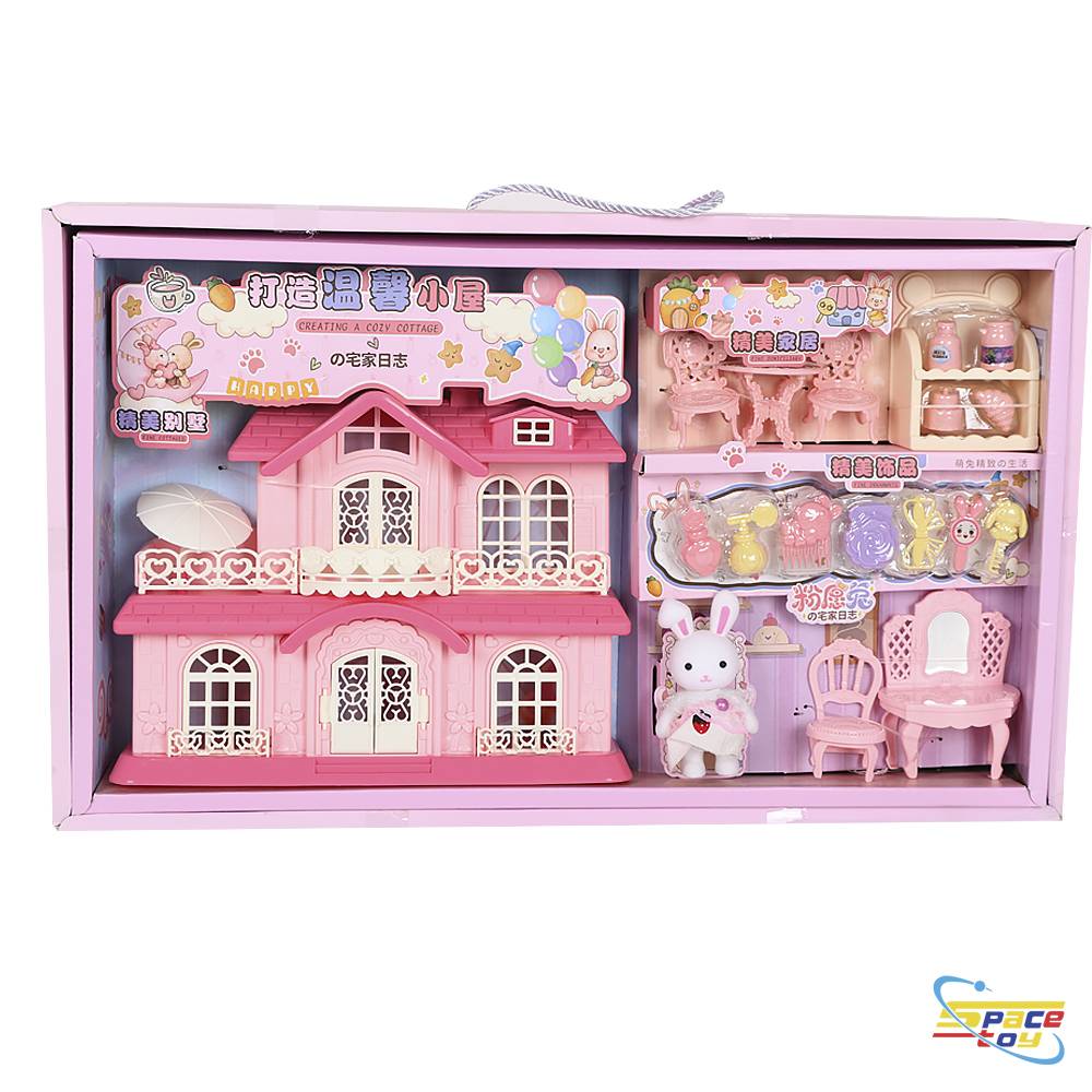 Pink rabbit house with furniture and accessories